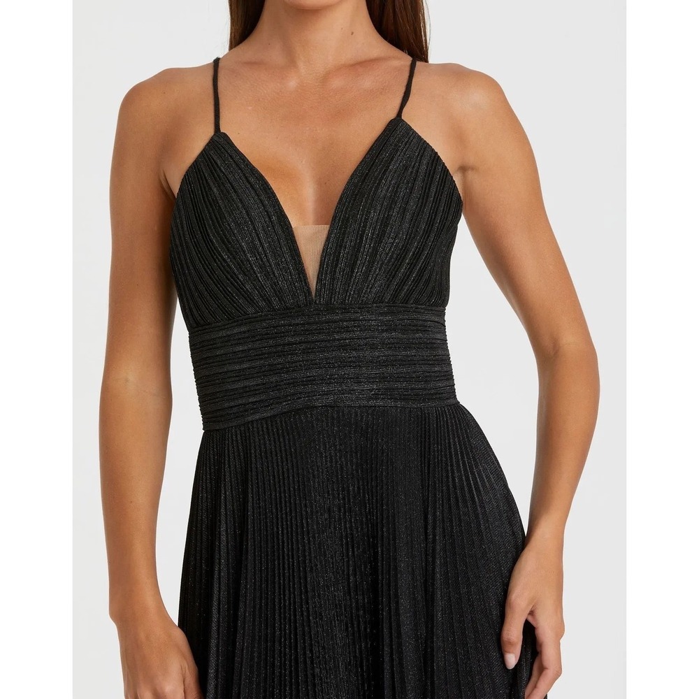 Mac Duggal 30725 Black Metallic Pleated V-Neck Open Back Maxi Gown Size 12 - Picture 3 of 9